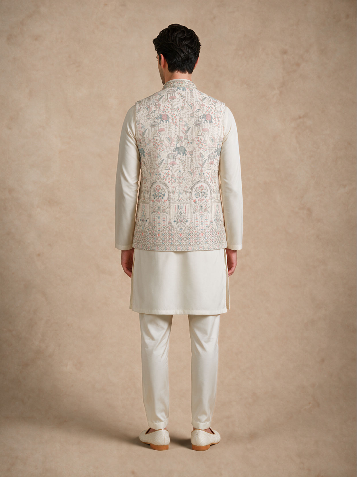 Manyavar Men Cream Art Silk Nehru Jacket with Embroidery