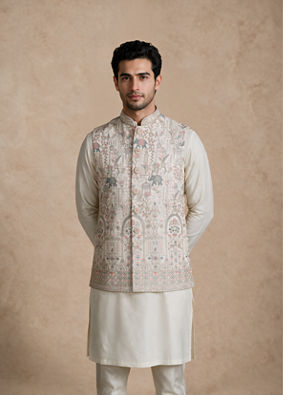 Manyavar Men Cream Art Silk Nehru Jacket with Embroidery