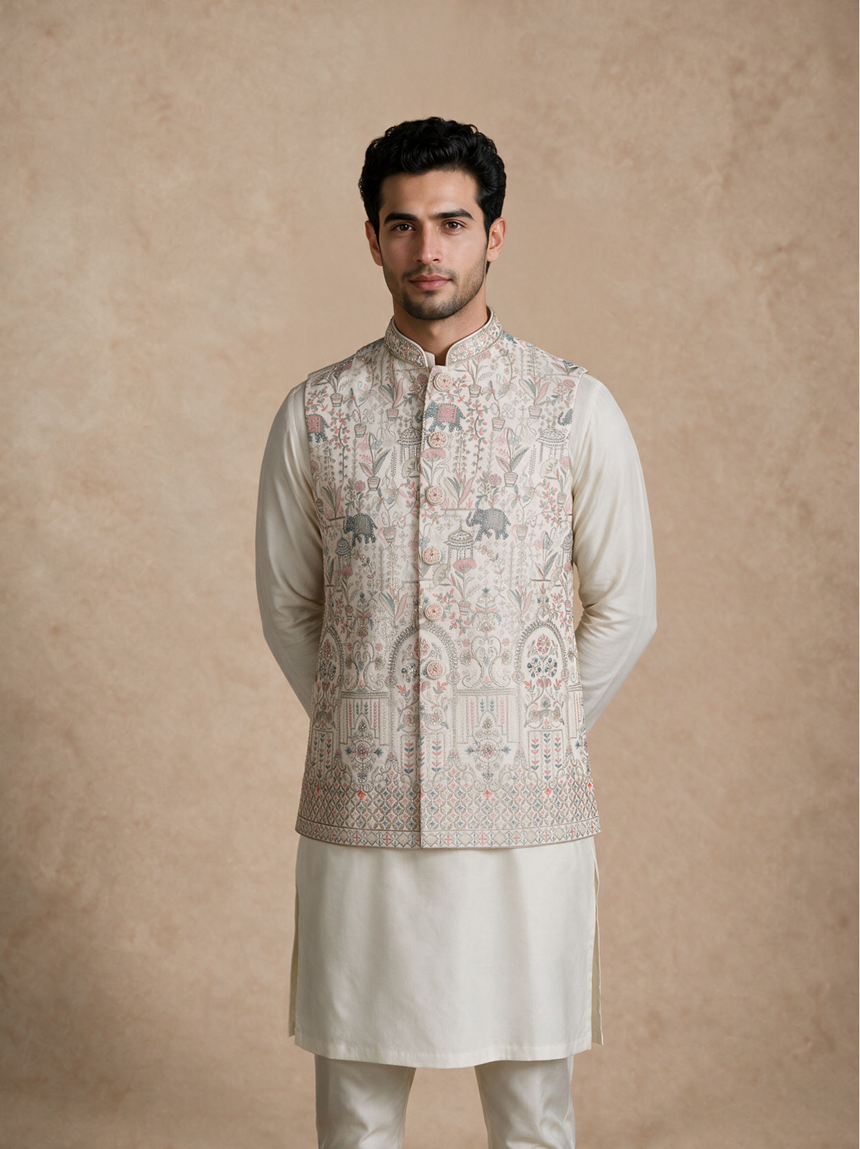 Manyavar Men Cream Art Silk Nehru Jacket with Embroidery