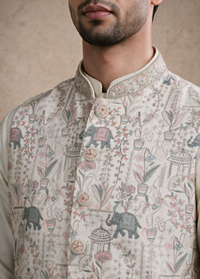 Manyavar Men Cream Art Silk Nehru Jacket with Embroidery