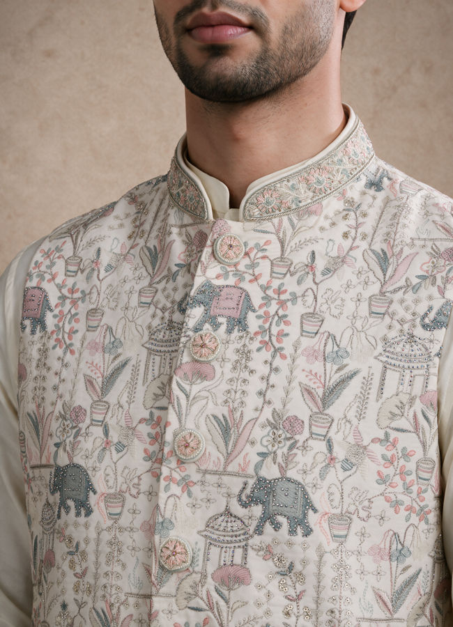 Manyavar Men Cream Art Silk Nehru Jacket with Embroidery