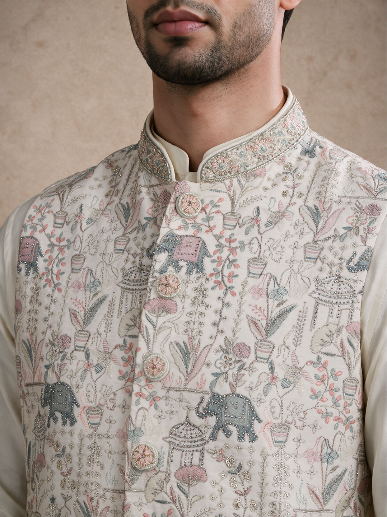 Manyavar Men Cream Art Silk Nehru Jacket with Embroidery