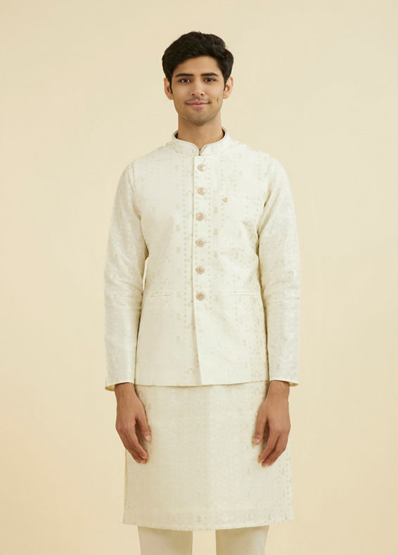 Manyavar Men Cream Brocade Nehru Jacket