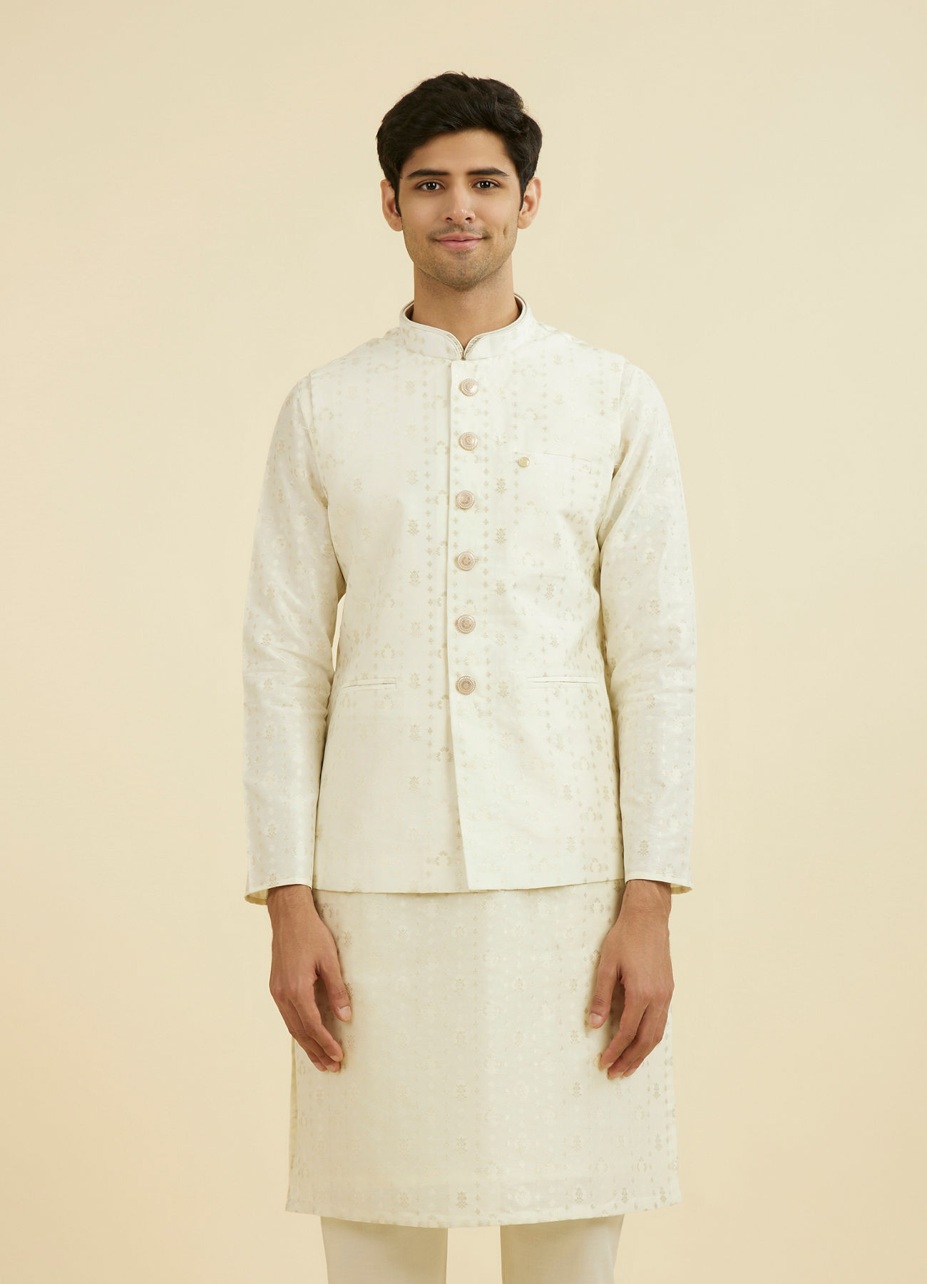 Manyavar Men Cream Brocade Nehru Jacket