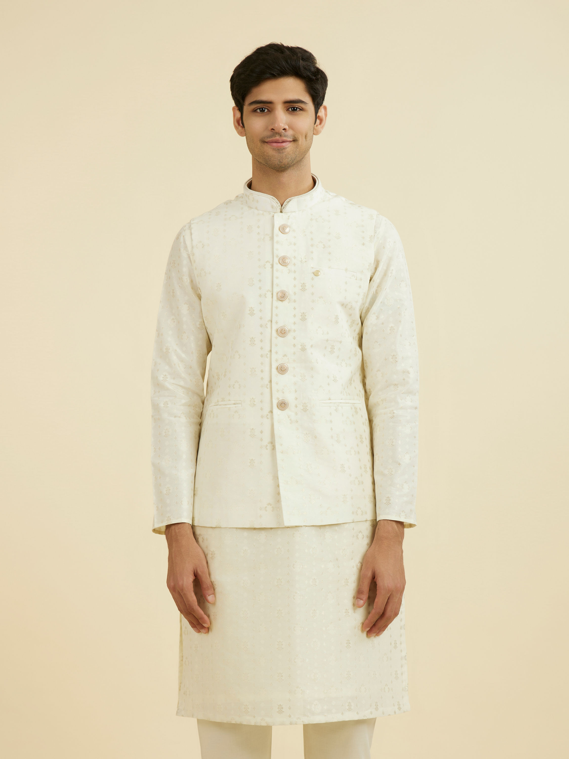 Manyavar Men Cream Brocade Nehru Jacket