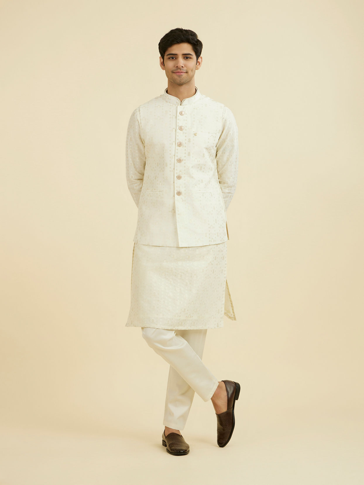 Manyavar Men Cream Brocade Nehru Jacket