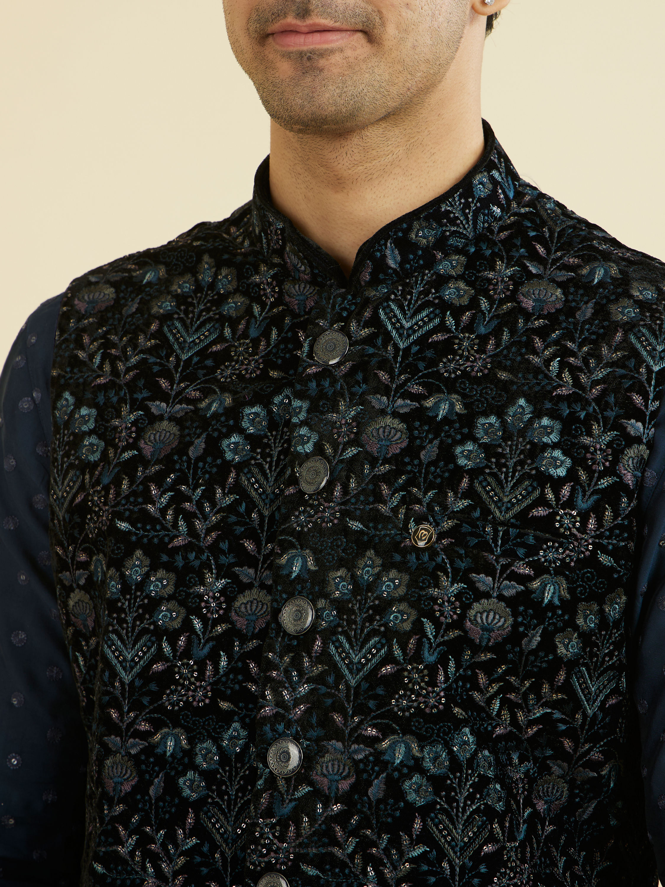 Manyavar Men Elegant Velvet Nehru Jacket