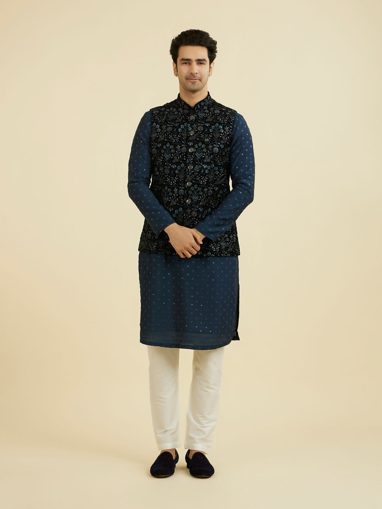 Manyavar Men Elegant Velvet Nehru Jacket