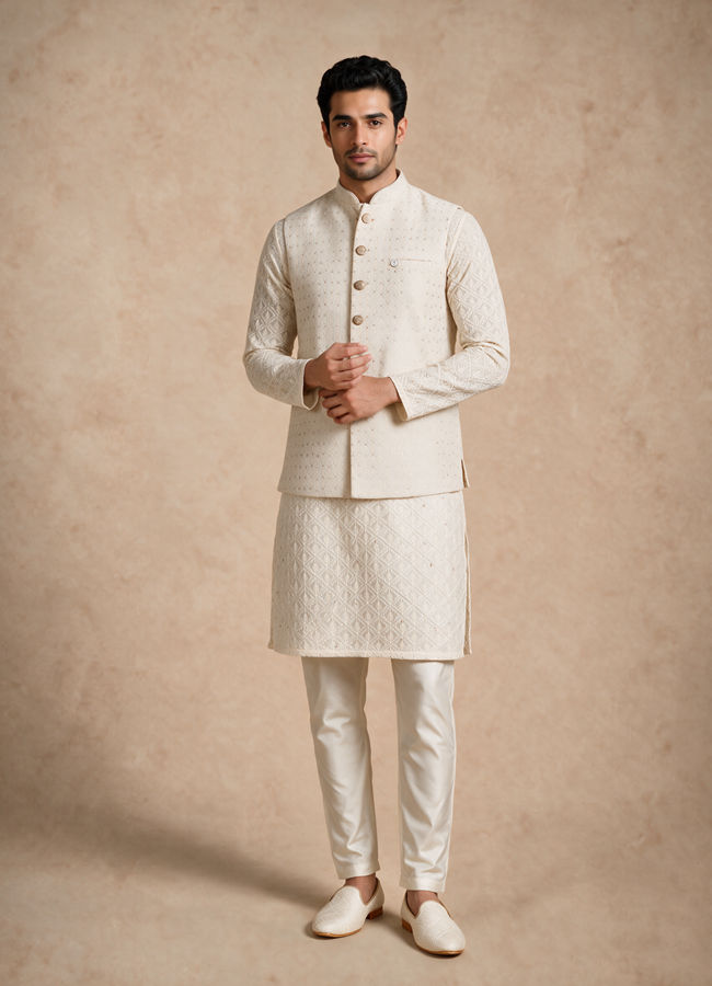 Manyavar Men Cream Silk Nehru Jacket with Chikankari