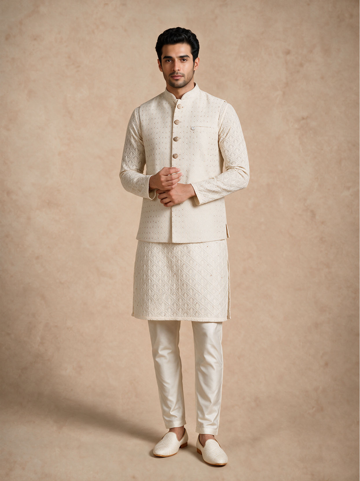 Manyavar Men Cream Silk Nehru Jacket with Chikankari