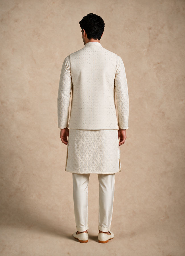 Manyavar Men Cream Silk Nehru Jacket with Chikankari