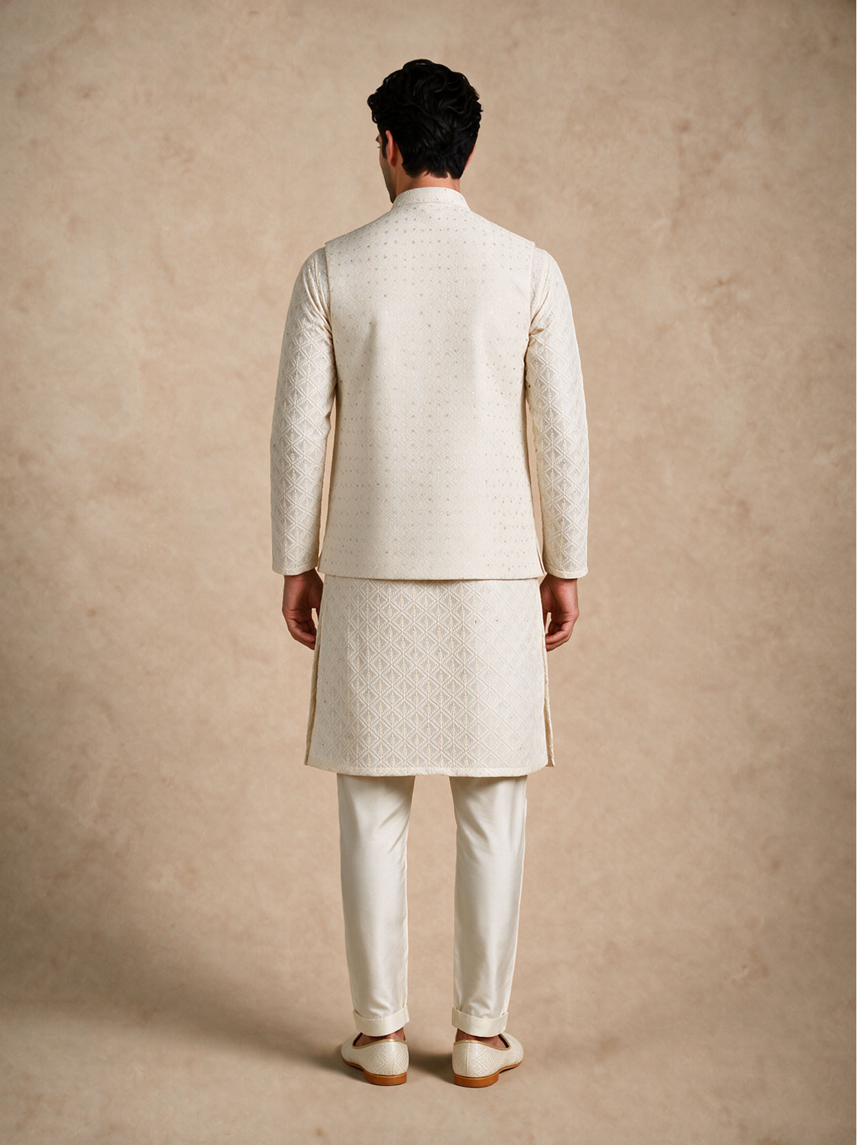 Manyavar Men Cream Silk Nehru Jacket with Chikankari