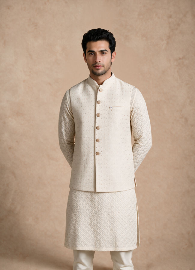 Manyavar Men Cream Silk Nehru Jacket with Chikankari