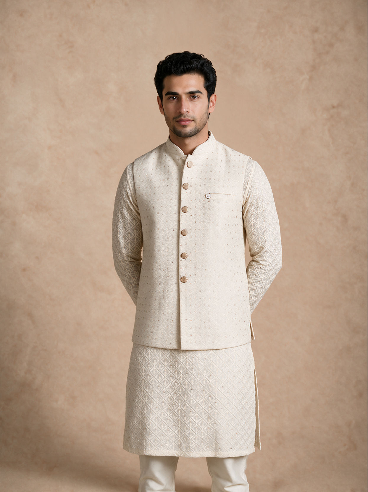 Manyavar Men Cream Silk Nehru Jacket with Chikankari