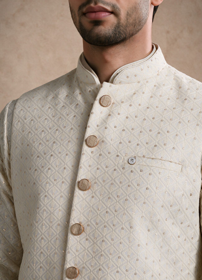 Manyavar Men Cream Silk Nehru Jacket with Chikankari