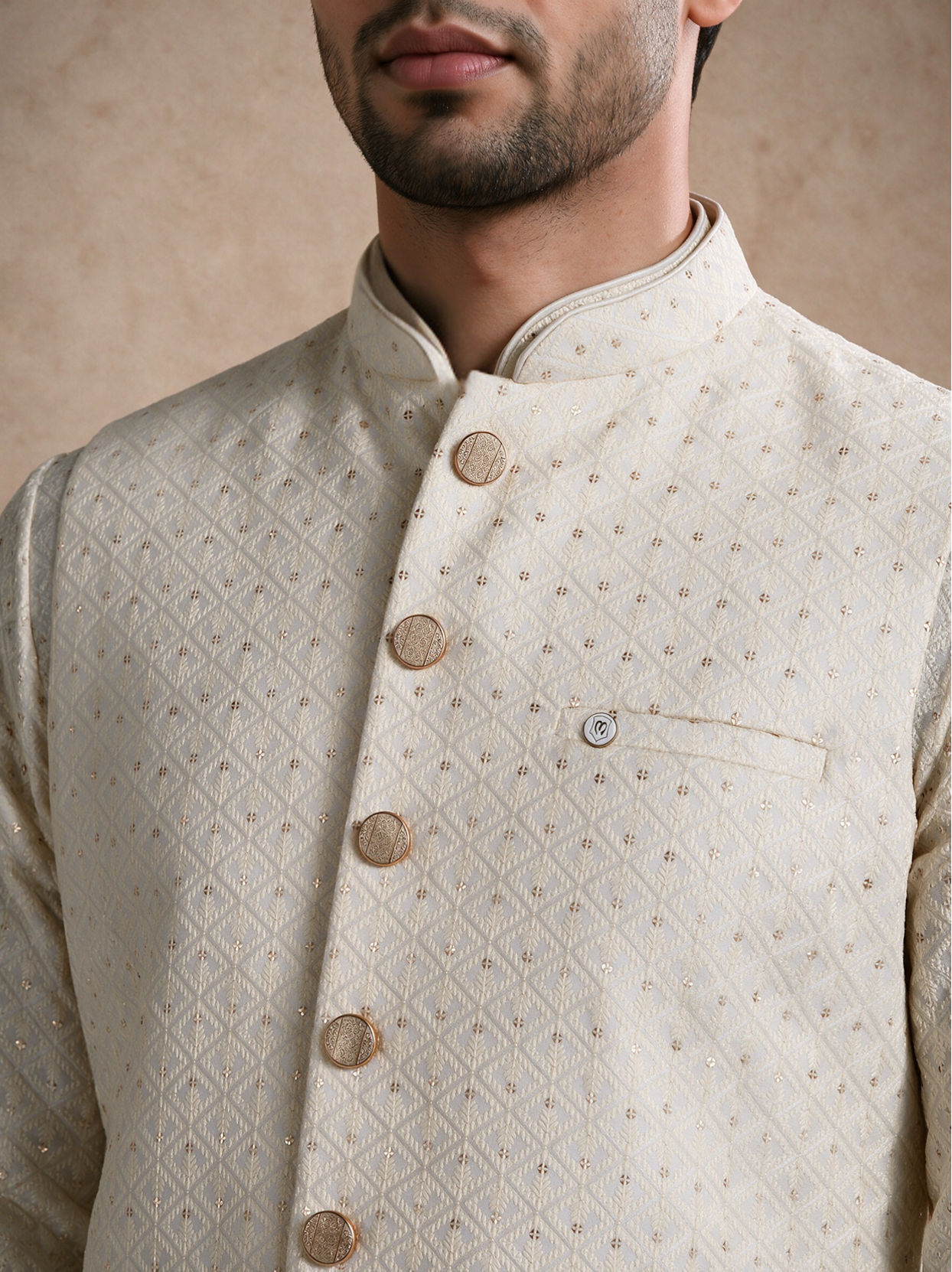 Manyavar Men Cream Silk Nehru Jacket with Chikankari