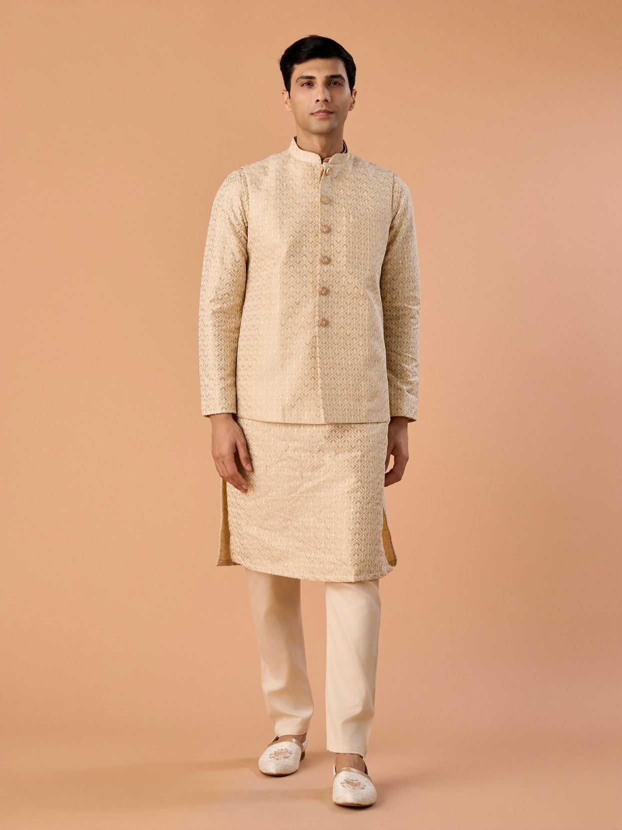 Manyavar Men Elegant Beige Nehru Jacket