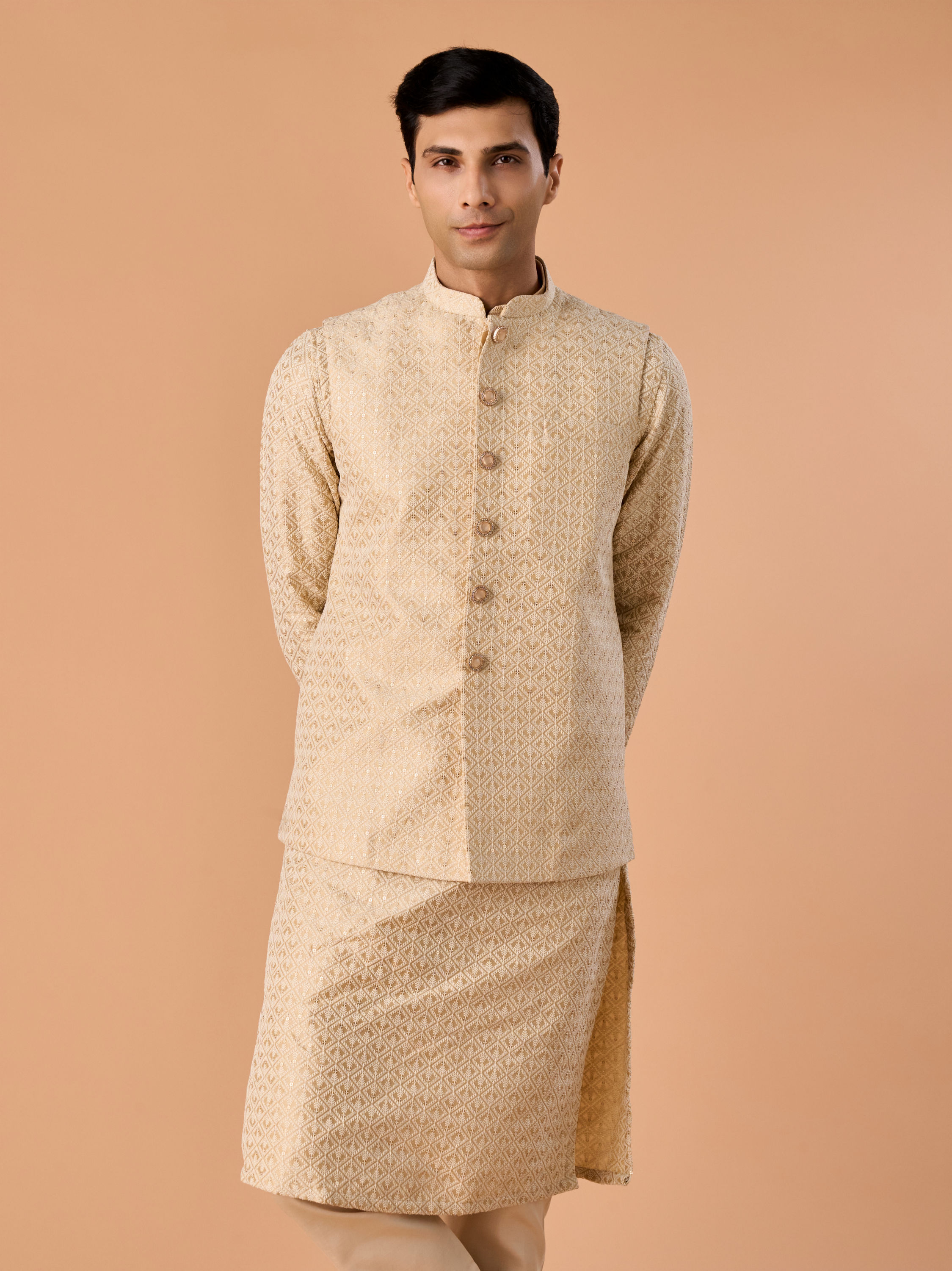 Manyavar Men Elegant Beige Nehru Jacket