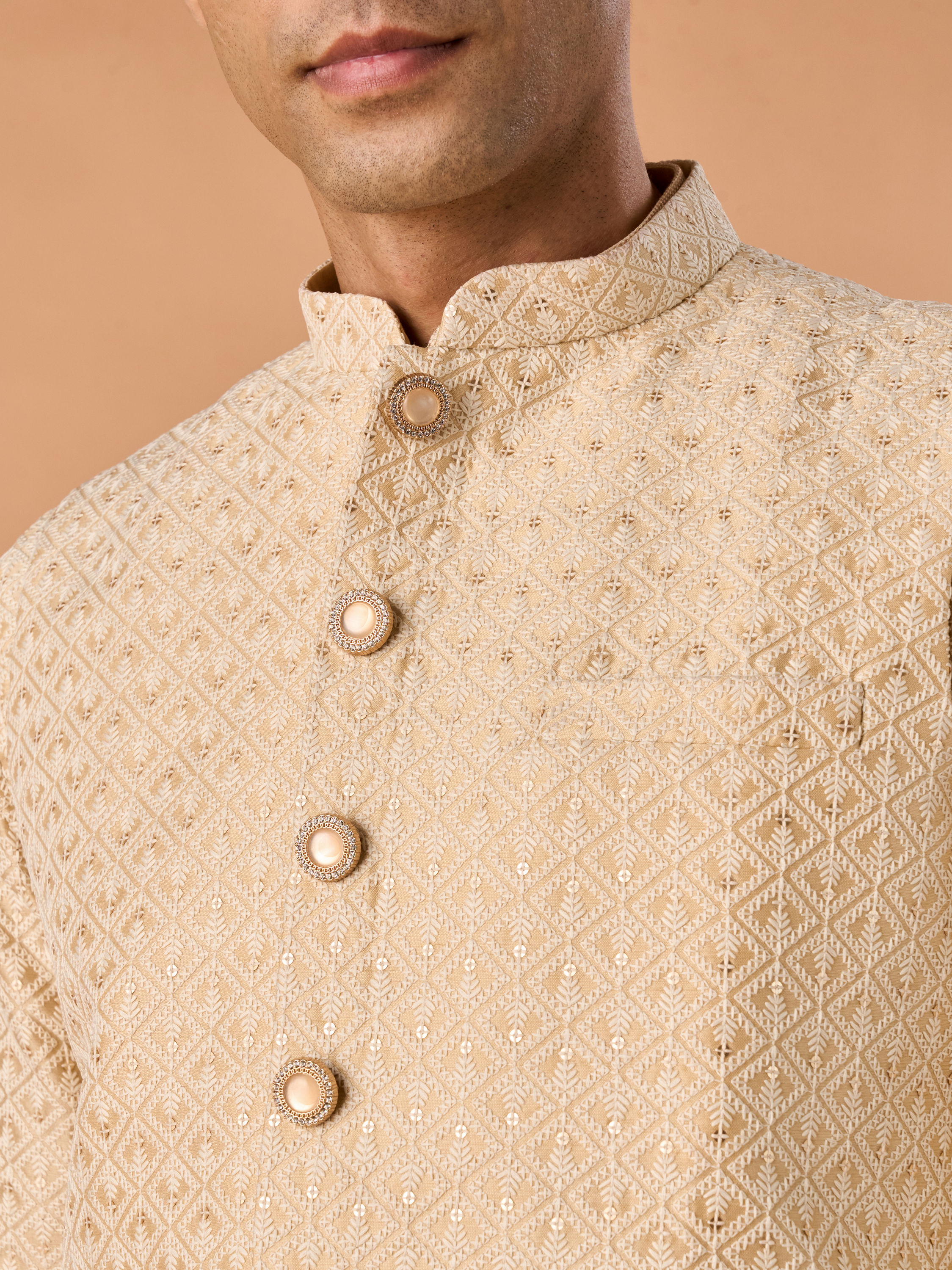 Manyavar Men Elegant Beige Nehru Jacket