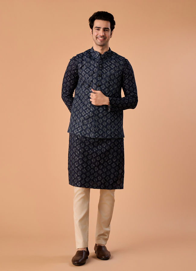 Manyavar Men Majestic Dark Blue Nehru Jacket