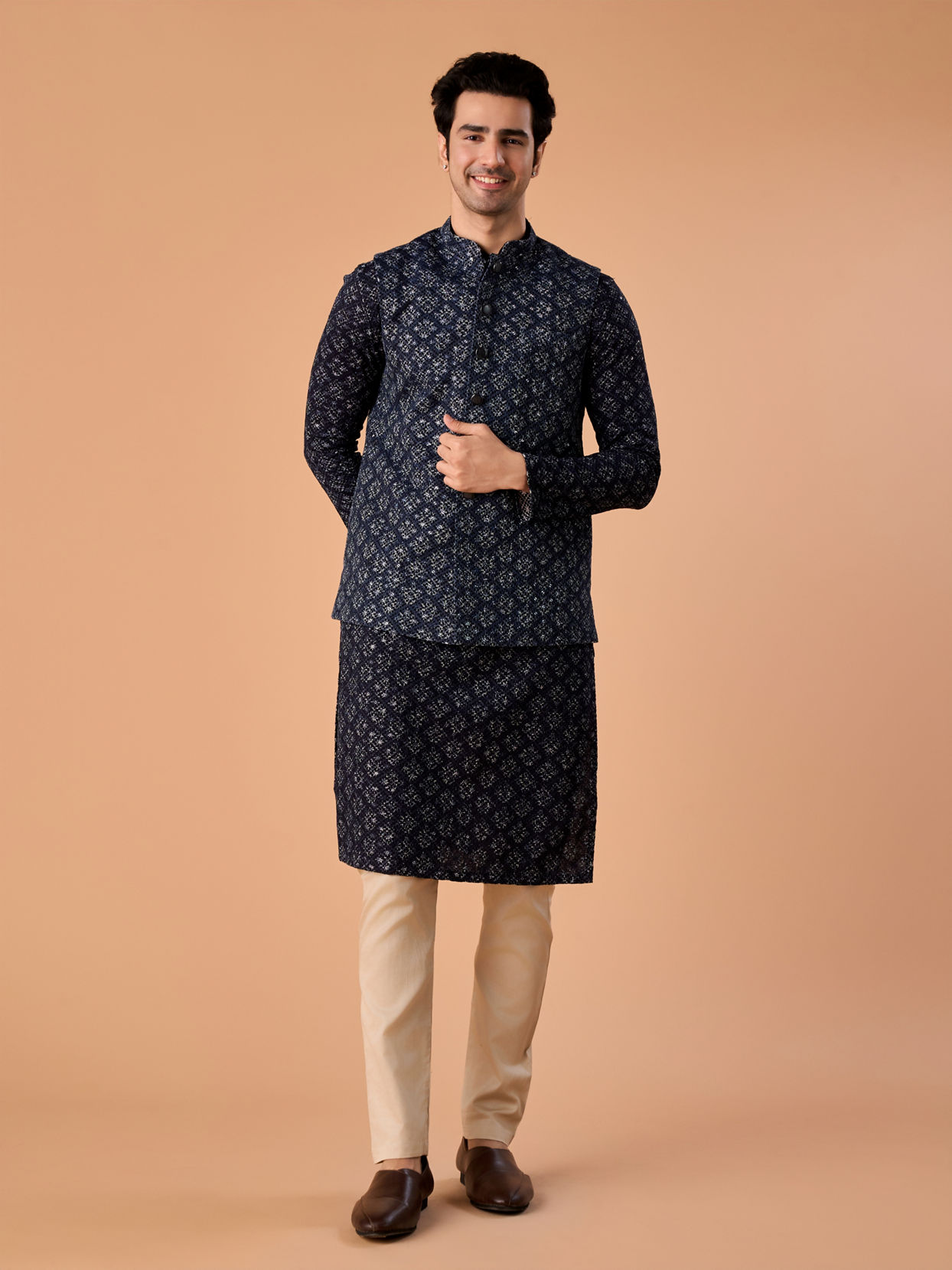 Manyavar Men Majestic Dark Blue Nehru Jacket