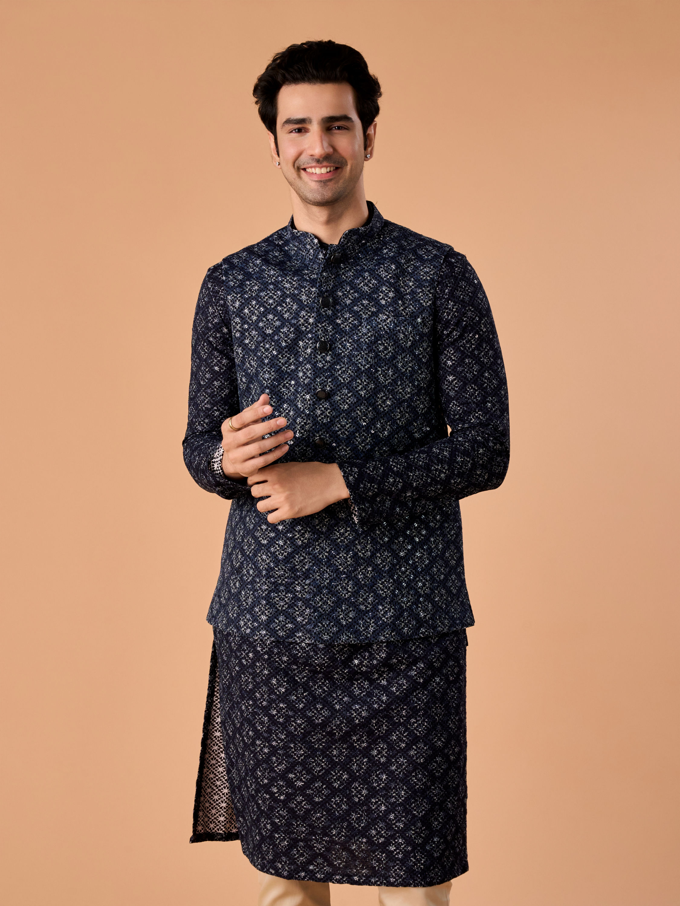 Manyavar Men Majestic Dark Blue Nehru Jacket