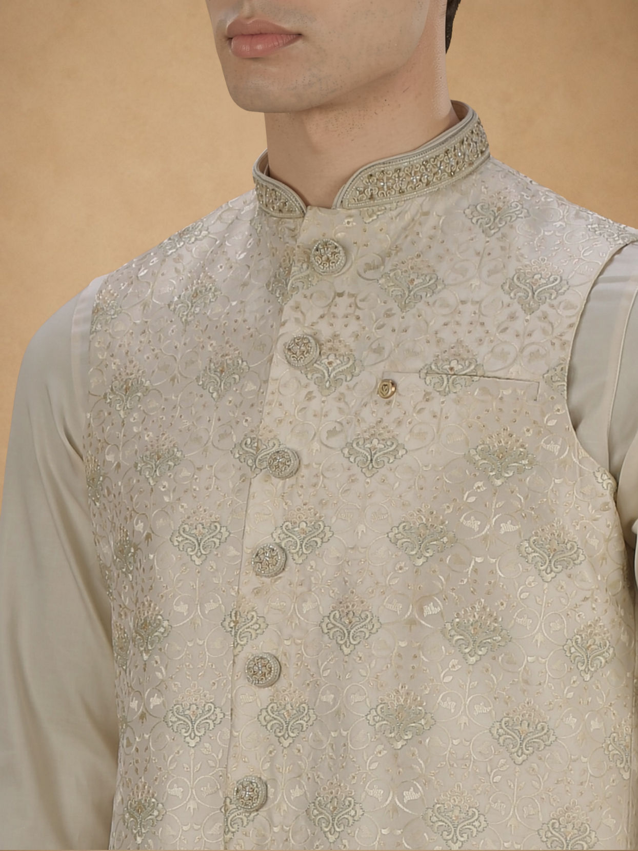 Manyavar Men Cream Silk Thread Embroidered Nehru Jacket