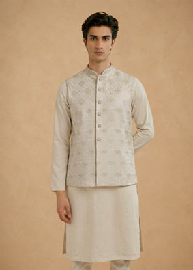 Manyavar Men Cream Silk Thread Embroidered Nehru Jacket