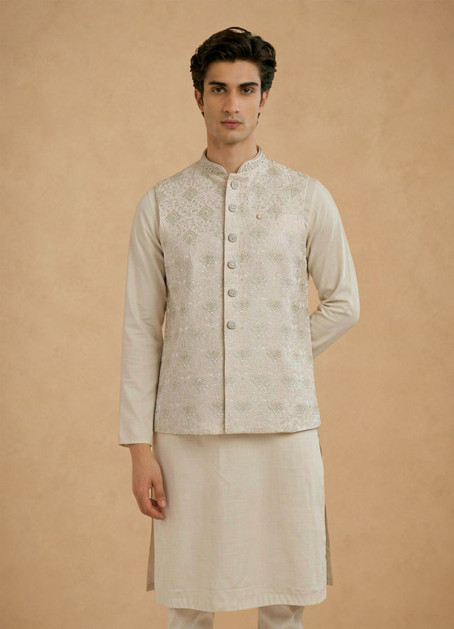 Manyavar Men Cream Silk Thread Embroidered Nehru Jacket