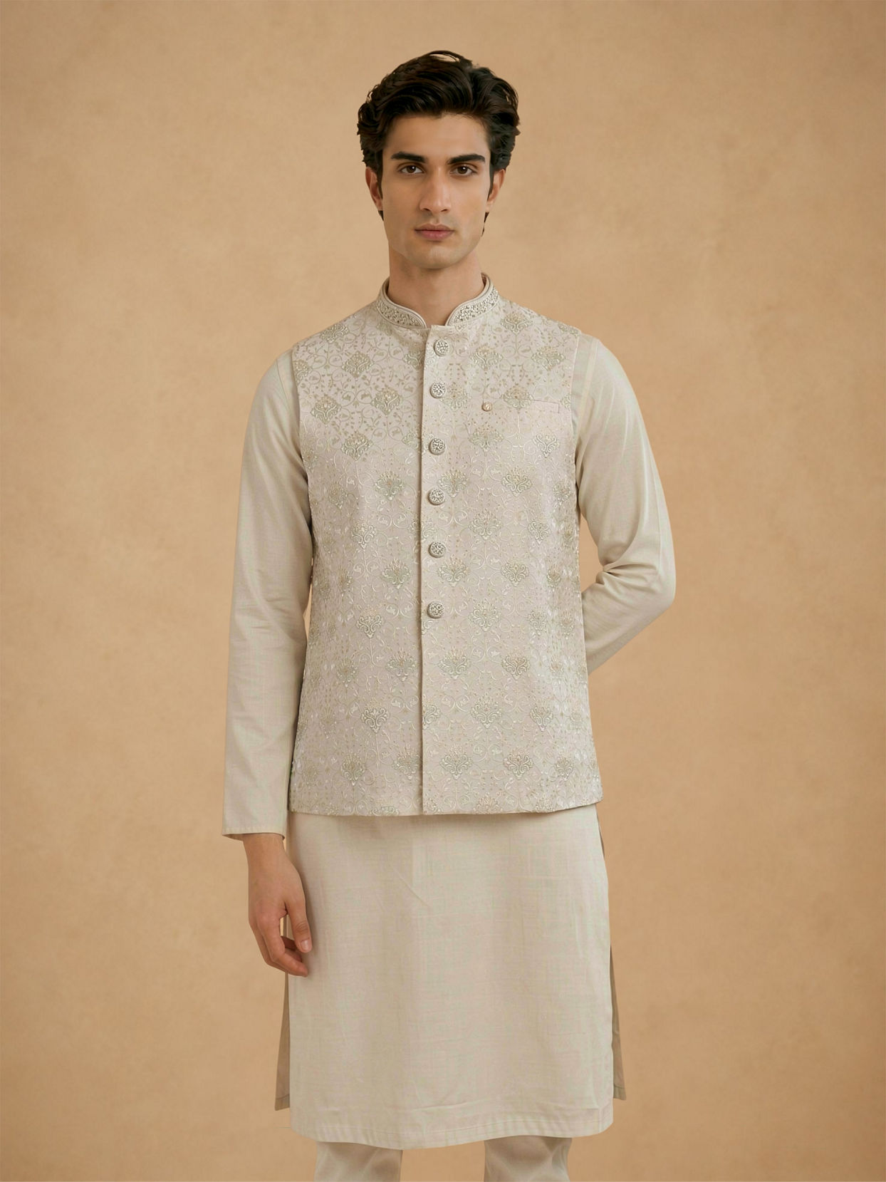 Manyavar Men Cream Silk Thread Embroidered Nehru Jacket