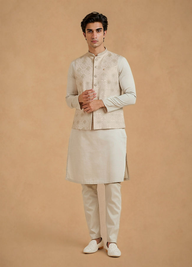 Manyavar Men Cream Silk Thread Embroidered Nehru Jacket