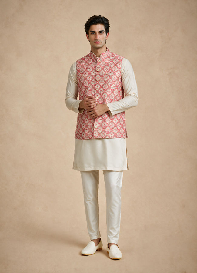 Manyavar Men Orange Silk Nehru Jacket with Self-Texture