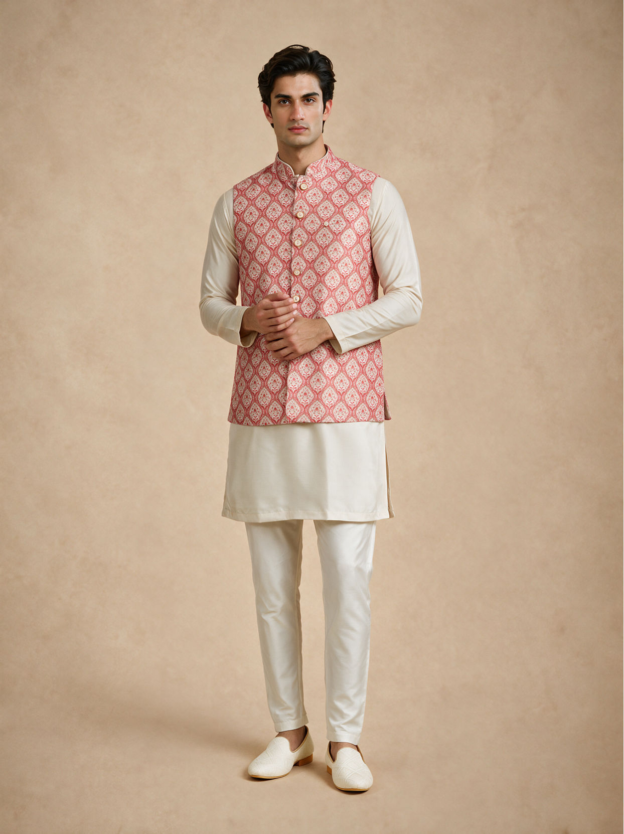 Manyavar Men Orange Silk Nehru Jacket with Self-Texture