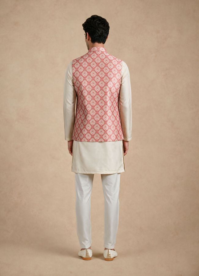 Manyavar Men Orange Silk Nehru Jacket with Self-Texture