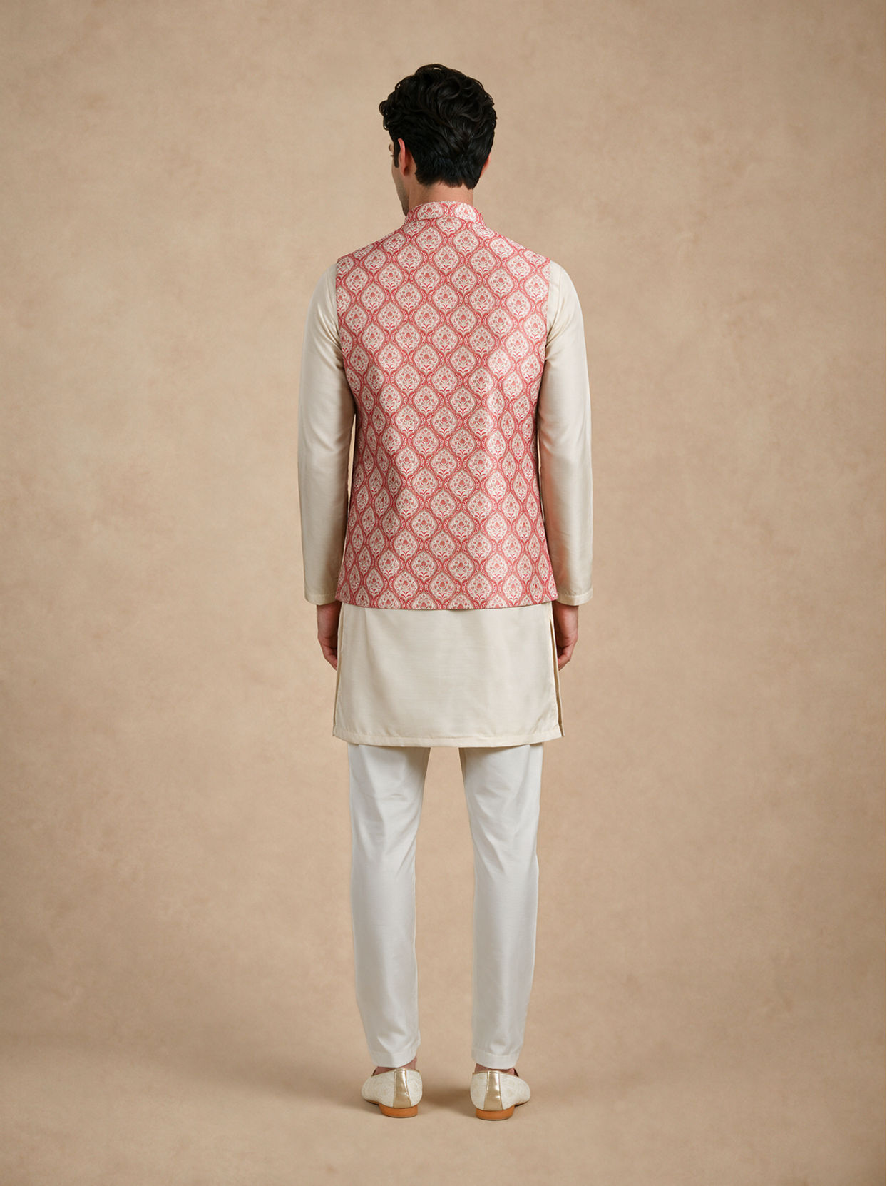 Manyavar Men Orange Silk Nehru Jacket with Self-Texture