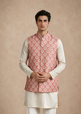 Manyavar Men Orange Silk Nehru Jacket with Self-Texture