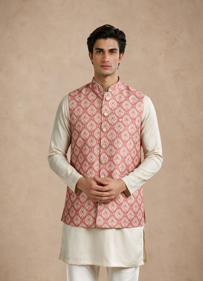 Manyavar Men Orange Silk Nehru Jacket with Self-Texture