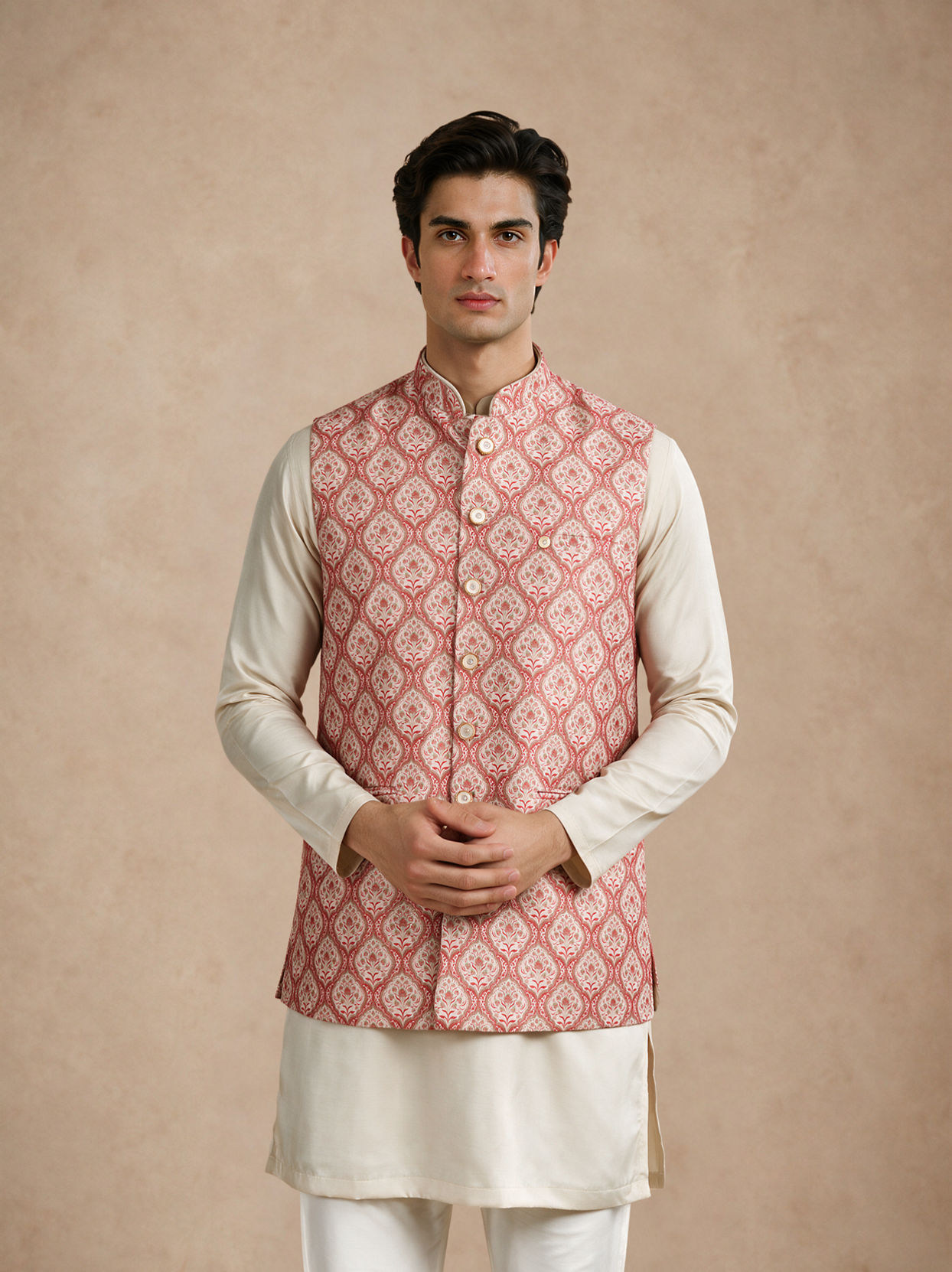 Manyavar Men Orange Silk Nehru Jacket with Self-Texture