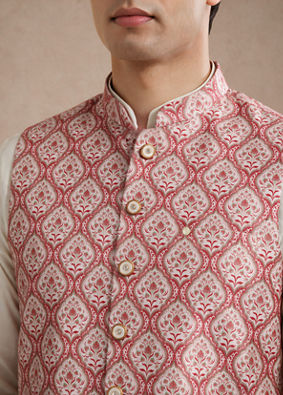 Manyavar Men Orange Silk Nehru Jacket with Self-Texture