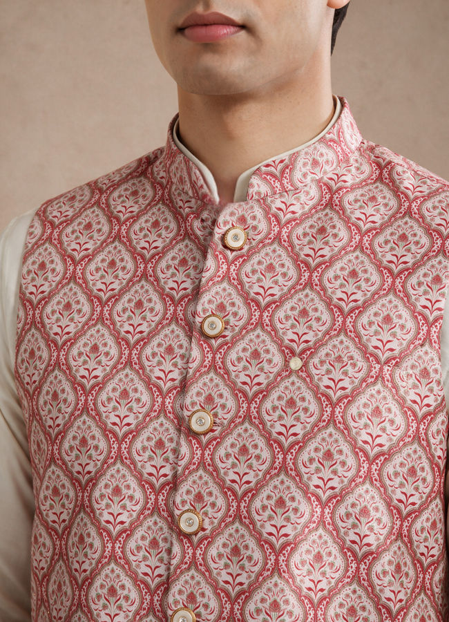 Manyavar Men Orange Silk Nehru Jacket with Self-Texture