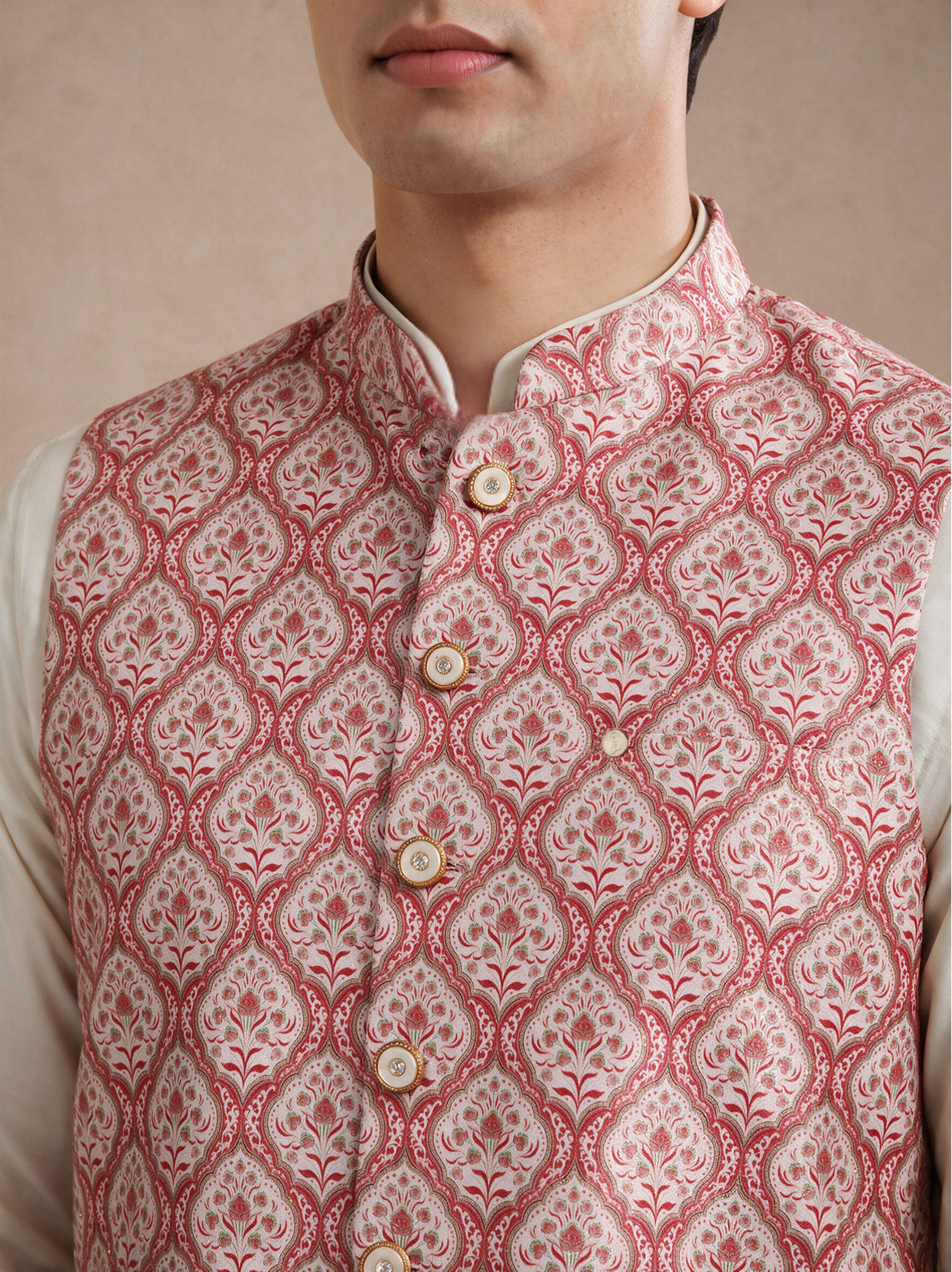 Manyavar Men Orange Silk Nehru Jacket with Self-Texture