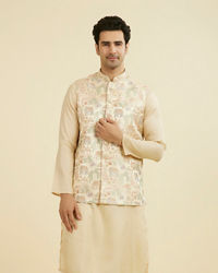 Manyavar Men Beige Brocade Nehru Jacket