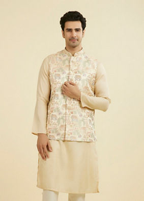 Manyavar Men Beige Brocade Nehru Jacket