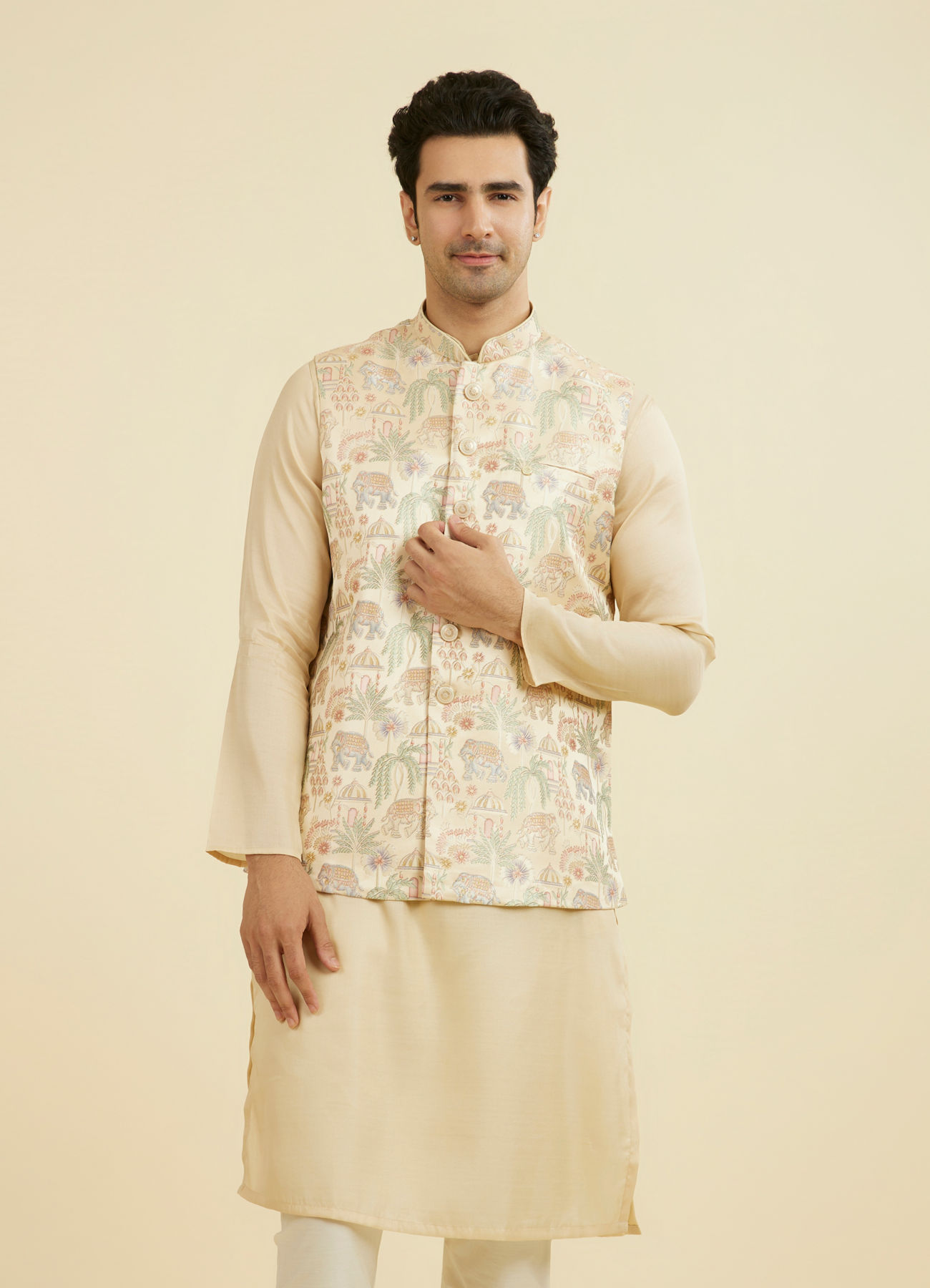 Manyavar Men Beige Brocade Nehru Jacket