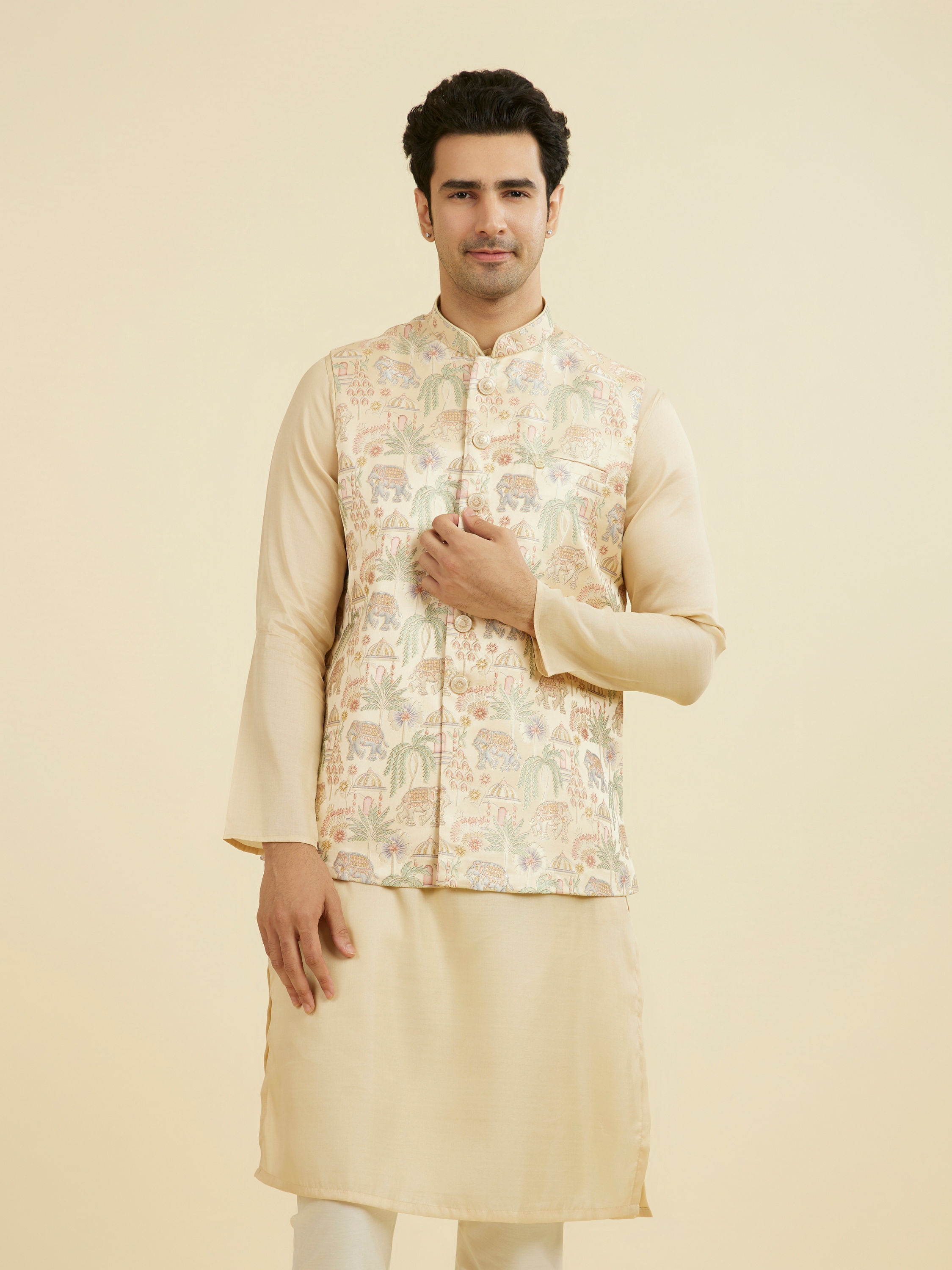 Manyavar Men Beige Brocade Nehru Jacket