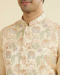 Manyavar Men Beige Brocade Nehru Jacket