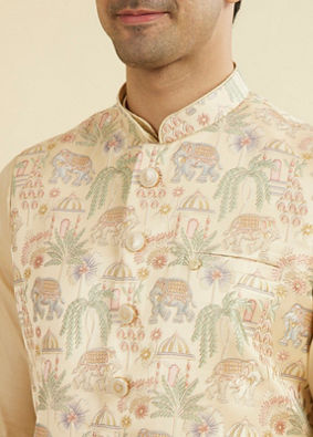 Manyavar Men Beige Brocade Nehru Jacket