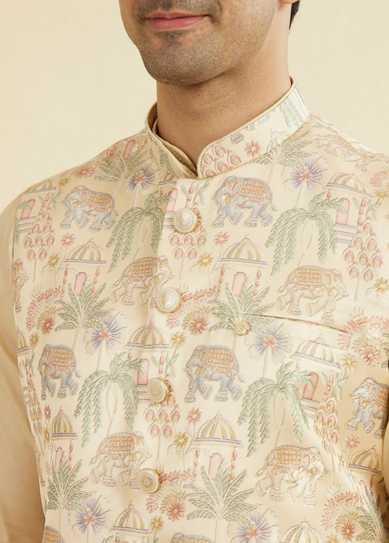 Manyavar Men Beige Brocade Nehru Jacket