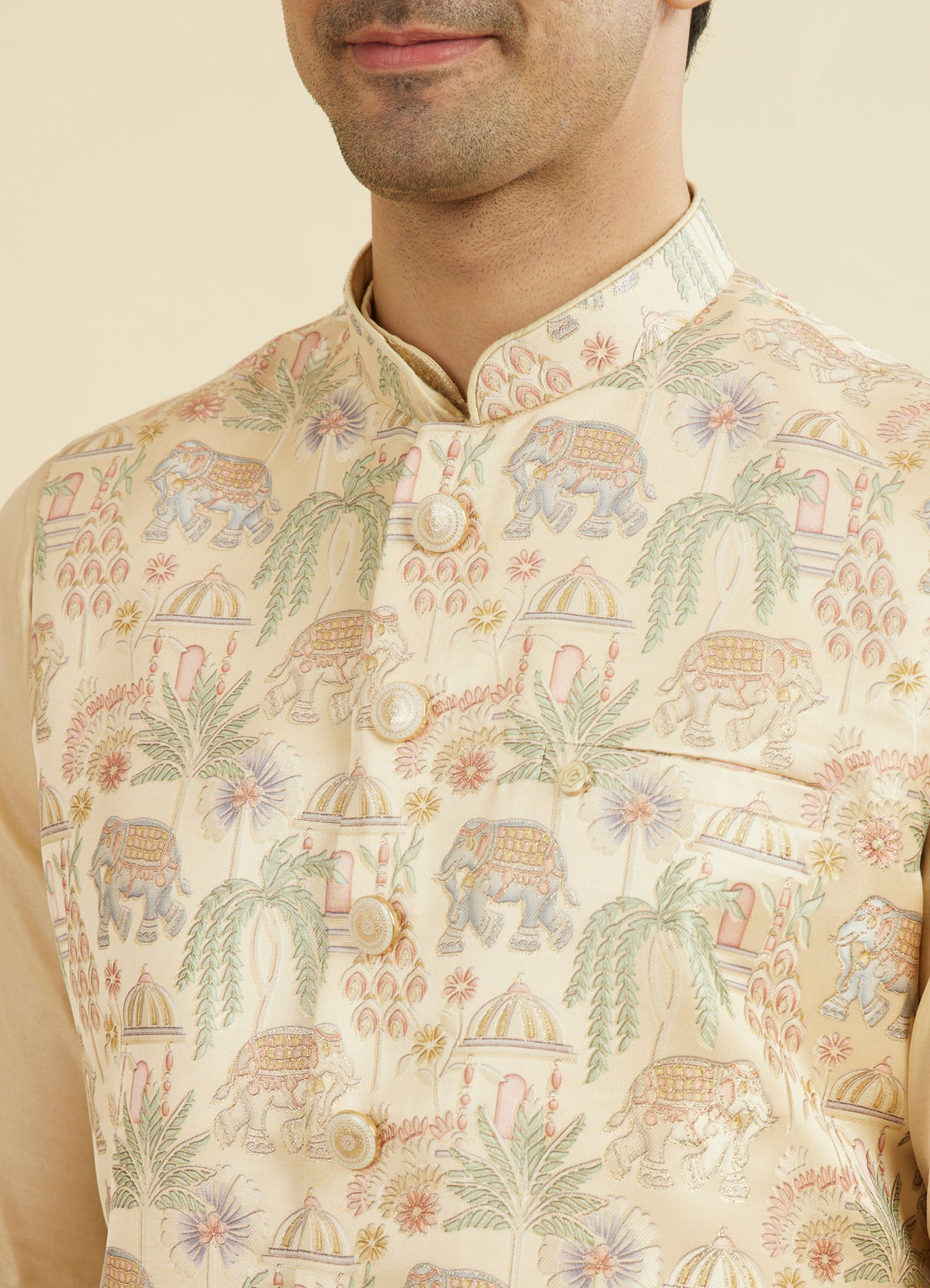 Manyavar Men Beige Brocade Nehru Jacket