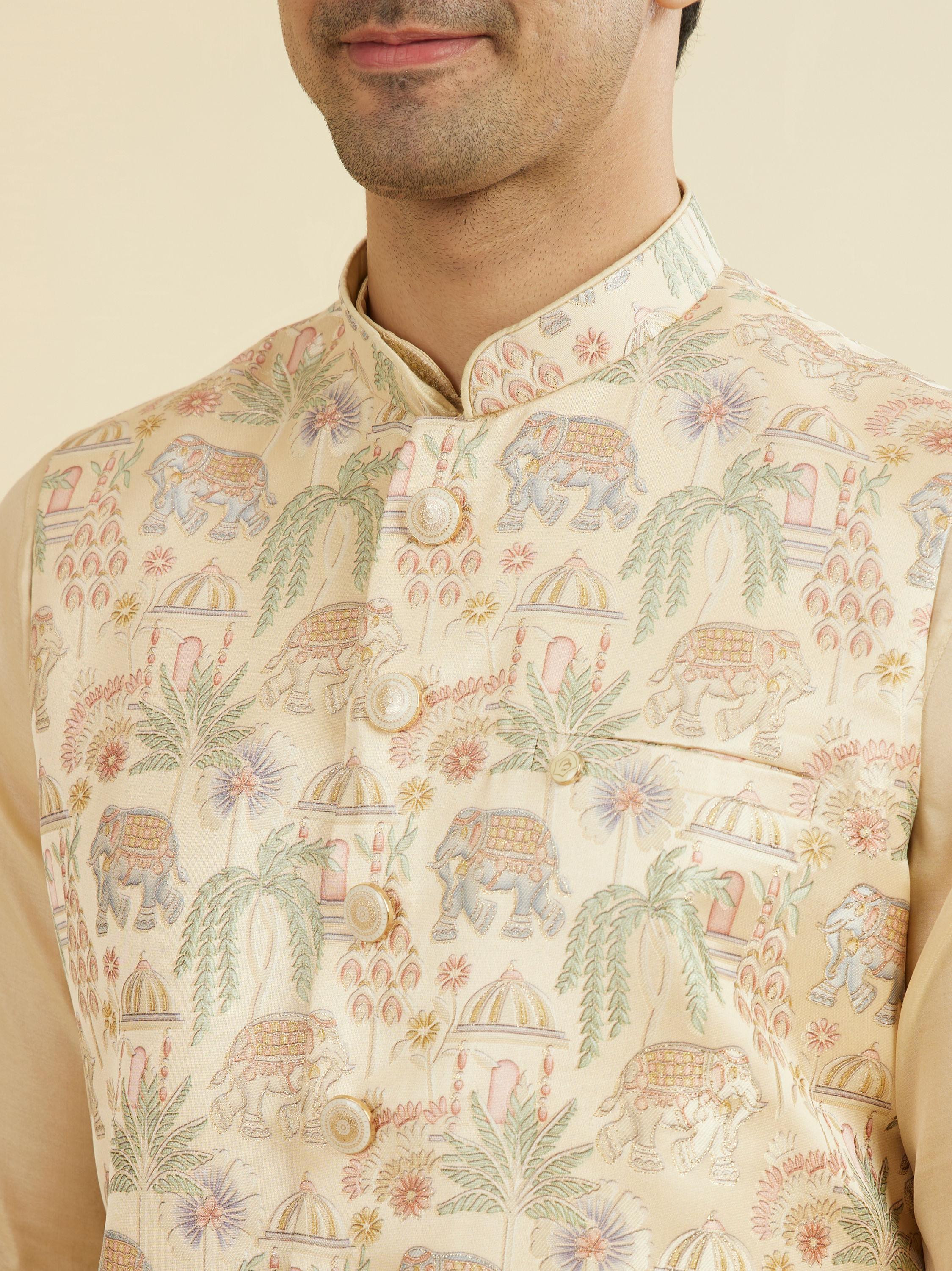 Manyavar Men Beige Brocade Nehru Jacket